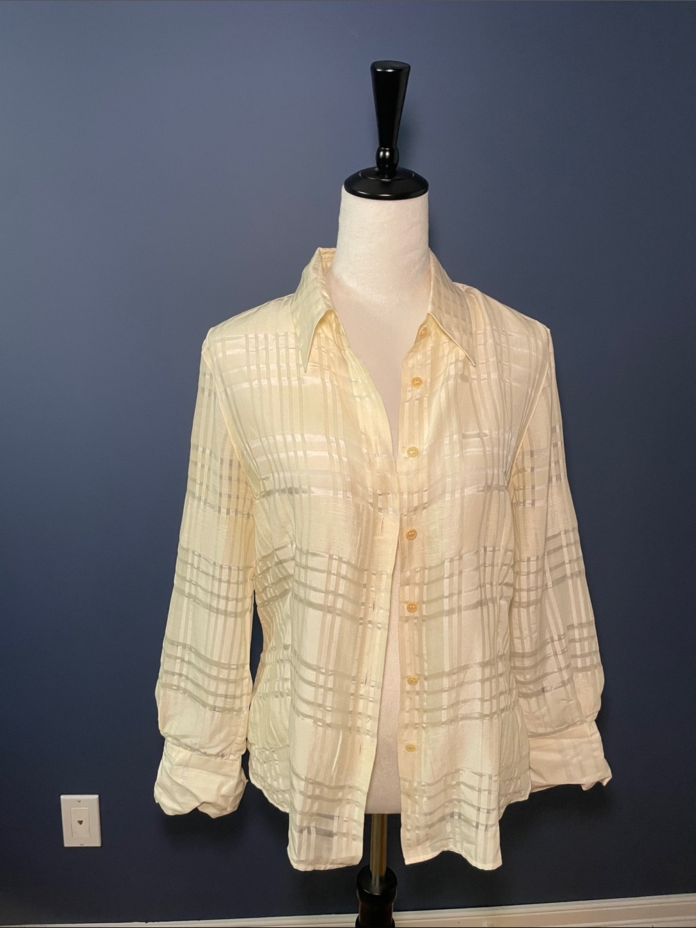 Giorgio Armani Cream Button-Down Sheer Plaid Blouse